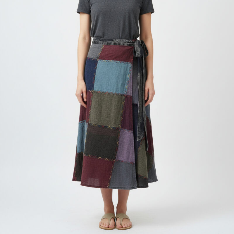 Patchwork Long Wrap Cotton Skirt