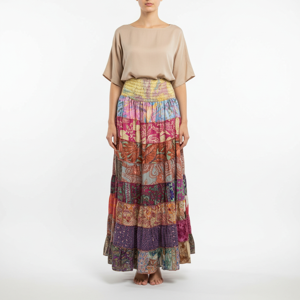 Multi-Colored Tiered Patchwork Maxi Skirt