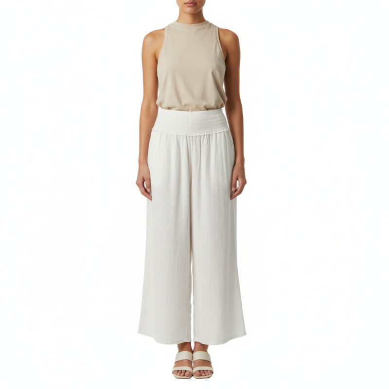 White Smocked-Waist Cotton Wide-Leg Pant