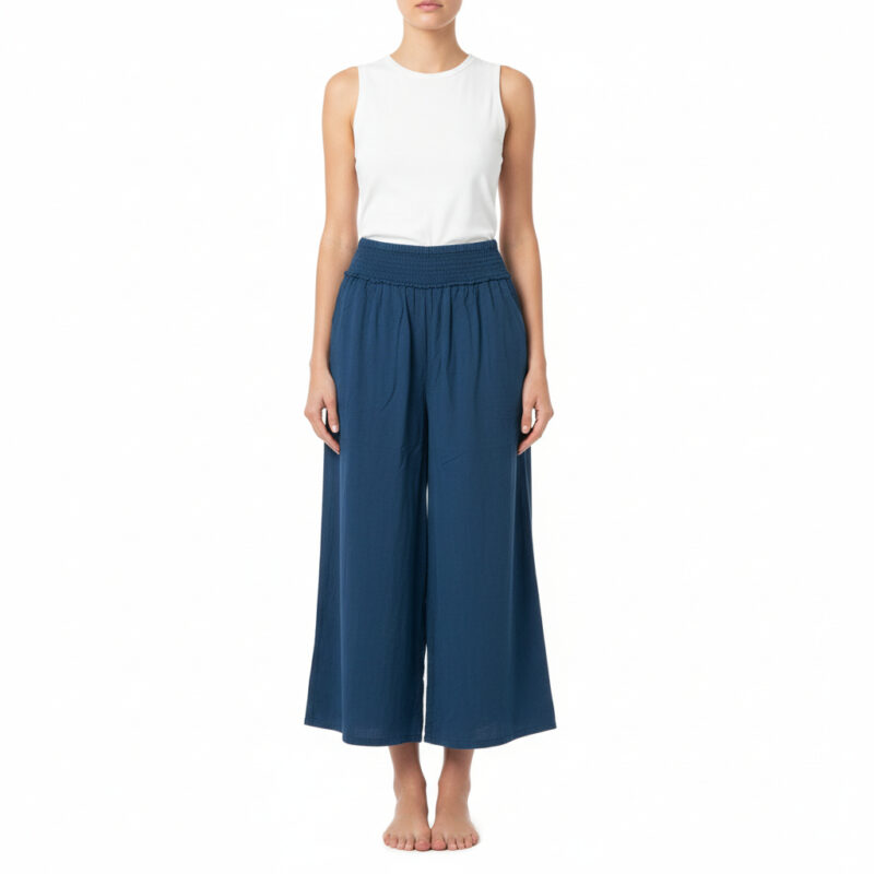 Deep Blue Smocked-Waist Cotton Wide-Leg Pant