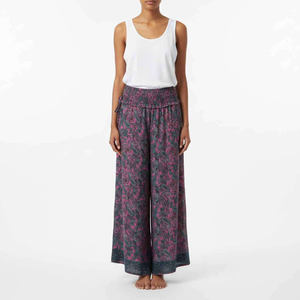 Wide-Leg Smocked-Waist Pant Pink/Multicolour