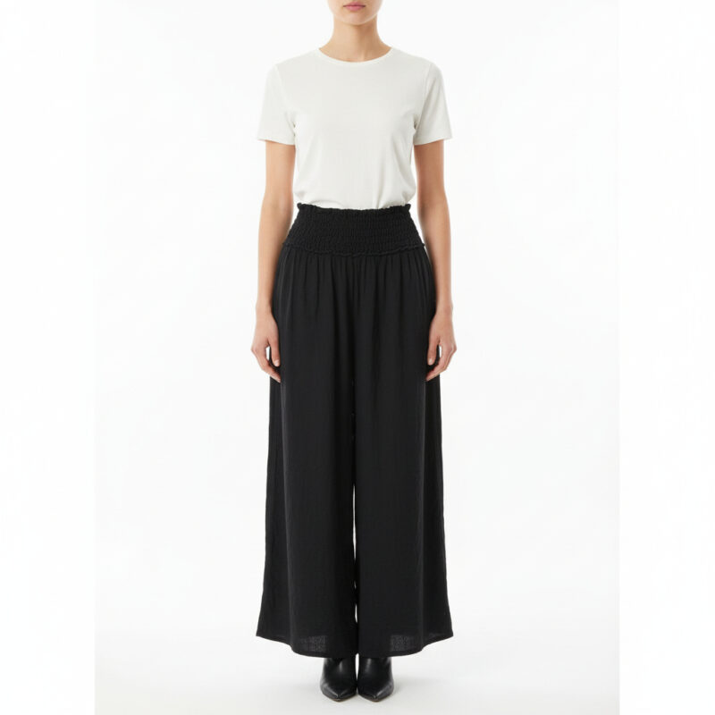 Black Smocked-Waist Cotton Wide-Leg Pant